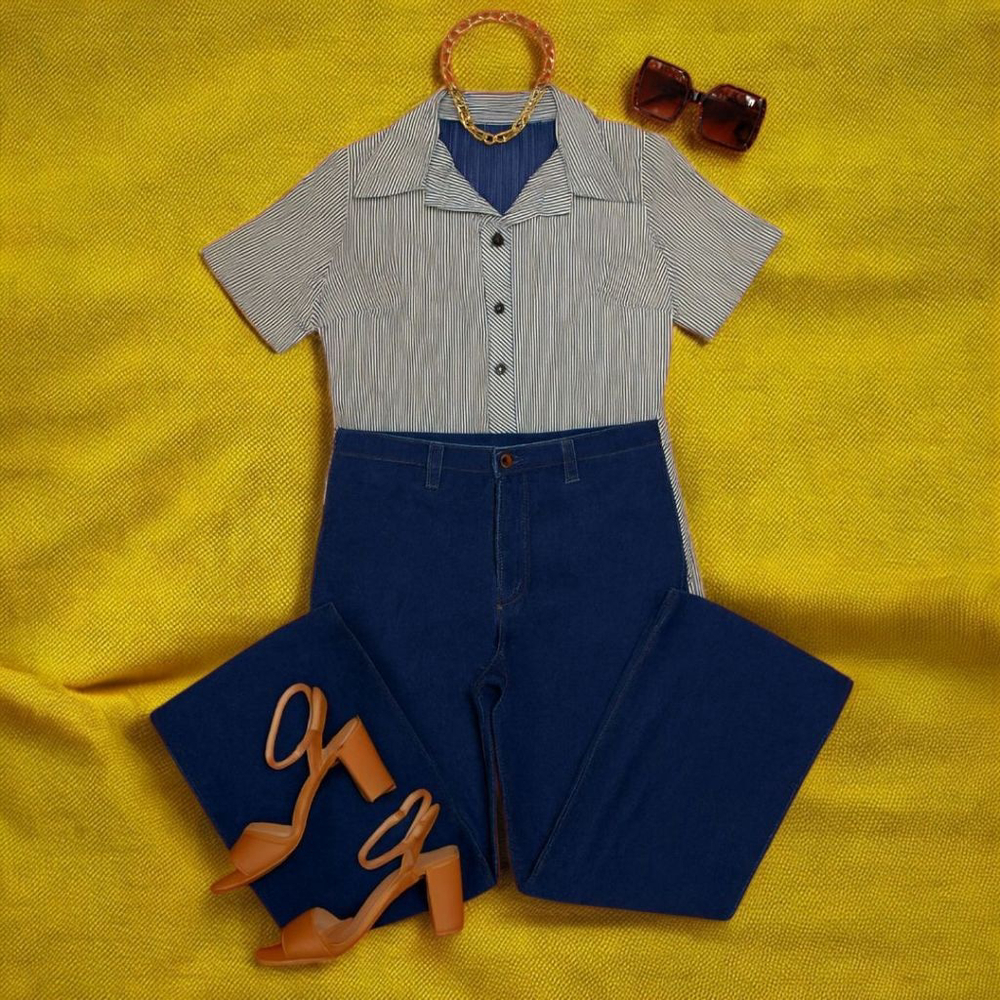 Vintage 1970s Blue White Stripe Short Sleeve Shirt Jacket Shacket